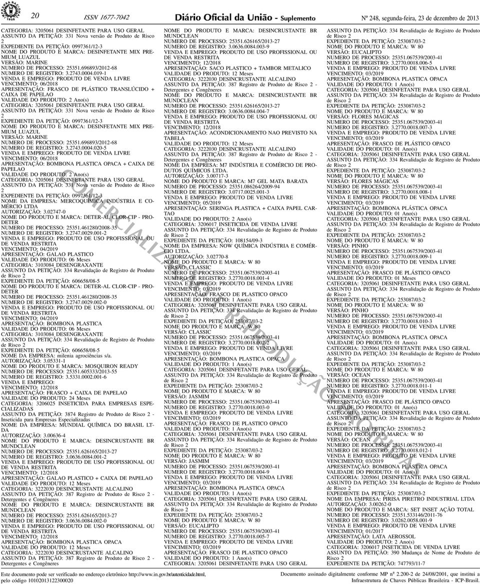 DO PRODUTO: 2 Ano(s) ASSUNTO DA PETIÇÃO: 331 Nova versão de Produto de Risco 2 EXPEDIENTE DA PETIÇÃO: 0997361/12-3 NOME DO PRODUTO E MARCA: DESINFETANTE MIX PRE- MIUM LUAZUL VERSÃO: MARINE NUMERO DE