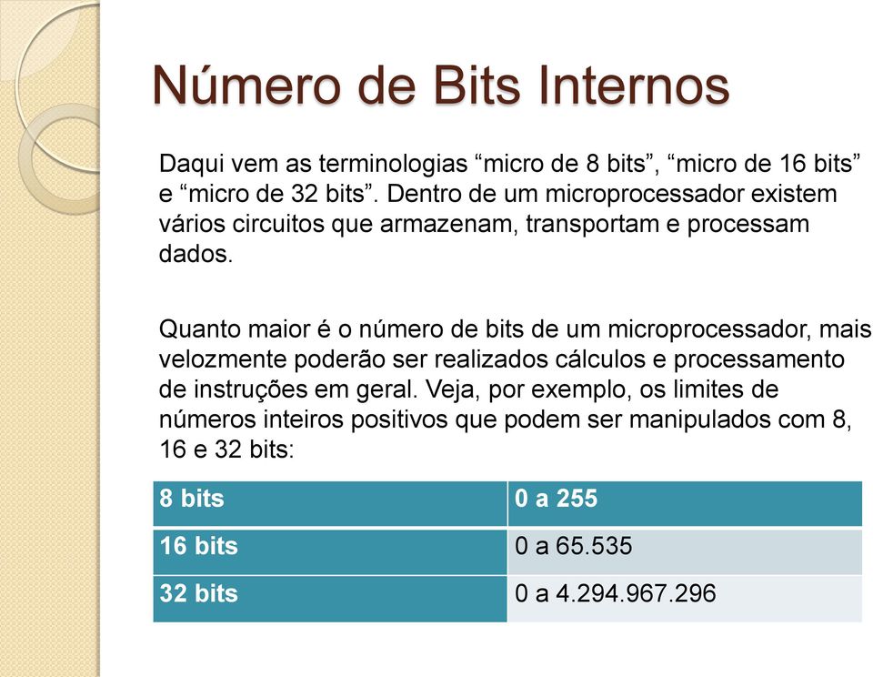 Quanto maior é o número de bits de um microprocessador, mais velozmente poderão ser realizados cálculos e processamento de