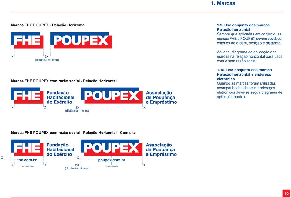 2 (distância mínima) Ao lado, diagrama de aplicação das marcas na relação horizontal para usos com e sem razão social. Marcas FHE POUPE com razão social - Relação Horizontal 1.10.