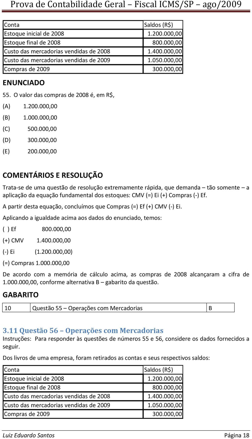 000,00 Trata-se de uma questão de resolução extremamente rápida, que demanda tão somente a aplicação da equação fundamental dos estoques: CMV (=) Ei (+) Compras (-) Ef.