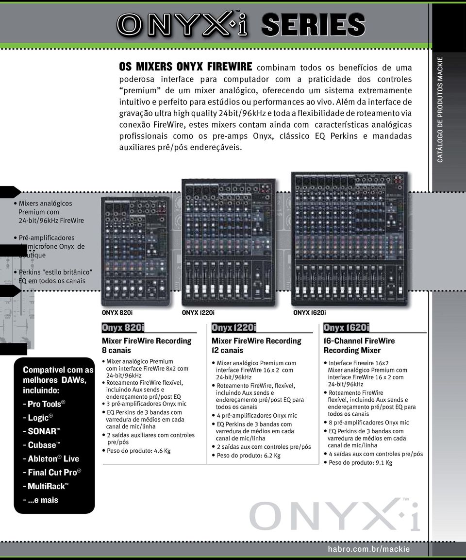 Além da interface de gravação ultra high quality 24bit/96kHz e toda a flexibilidade de roteamento via conexão FireWire, estes mixers contam ainda com características analógicas profissionais como os