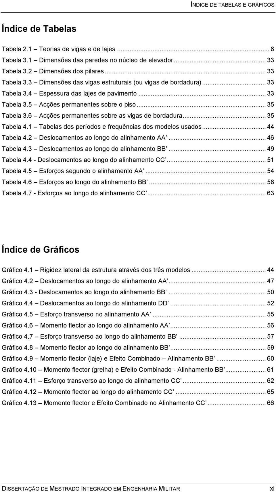 .. 35 Tabela 3.6 Acções permanentes sobre as vigas de bordadura... 35 Tabela 4.1 Tabelas dos períodos e frequências dos modelos usados... 44 Tabela 4.2 Deslocamentos ao longo do alinhamento AA.