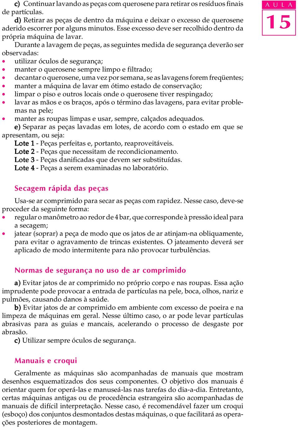 Durante a lavagem de peças, as seguintes medida de segurança deverão ser observadas: utilizar óculos de segurança; manter o querosene sempre limpo e filtrado; decantar o querosene, uma vez por