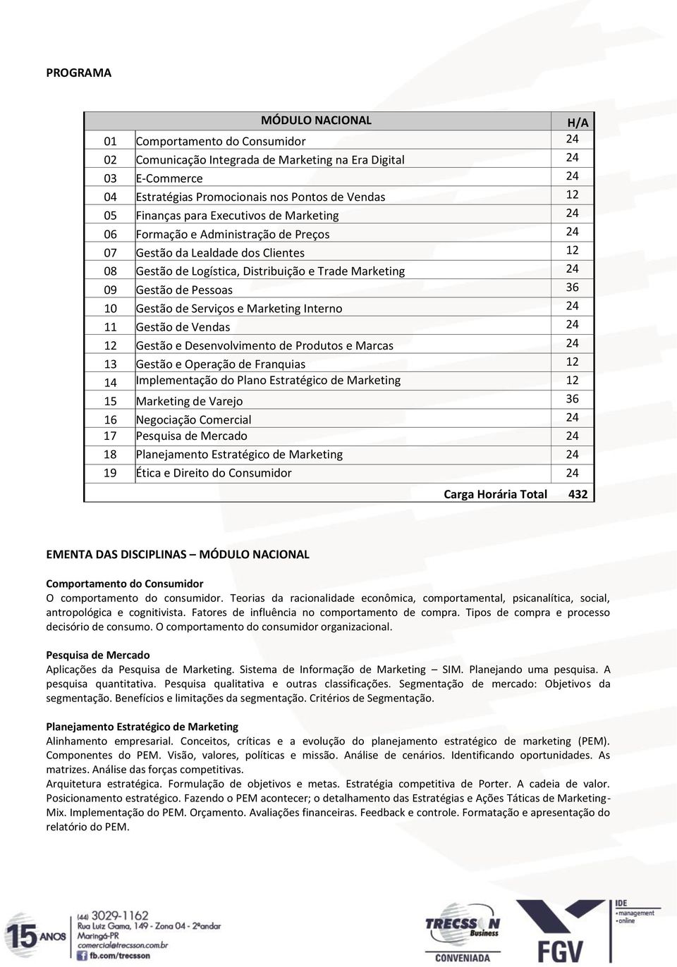 Gestão de Serviços e Marketing Interno 24 11 Gestão de Vendas 24 12 Gestão e Desenvolvimento de Produtos e Marcas 24 13 Gestão e Operação de Franquias 12 14 Implementação do Plano Estratégico de