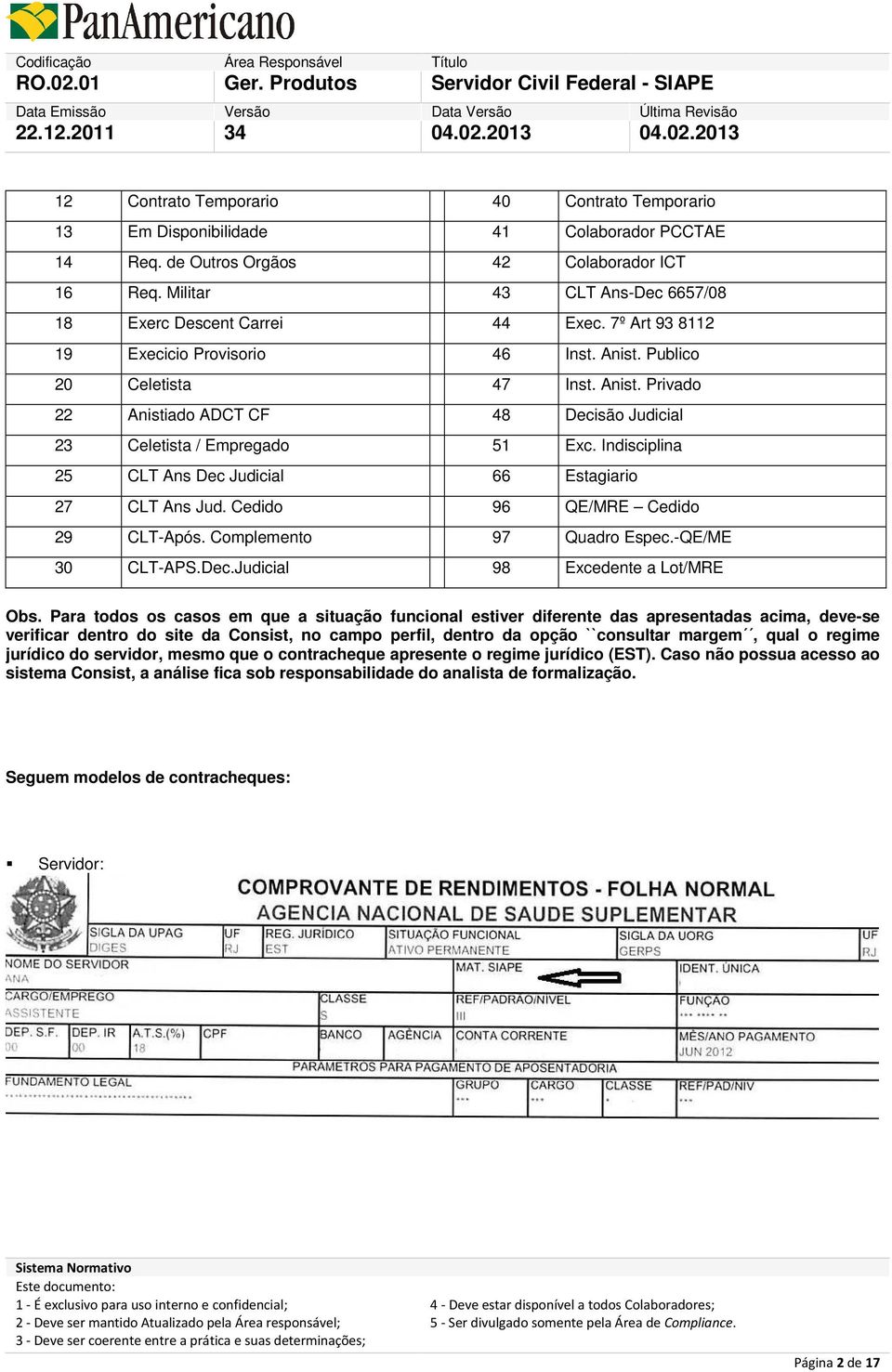 Indisciplina 25 CLT Ans Dec Judicial 66 Estagiario 27 CLT Ans Jud. Cedido 96 QE/MRE Cedido 29 CLT-Após. Complemento 97 Quadro Espec.-QE/ME 30 CLT-APS.Dec.Judicial 98 Excedente a Lot/MRE Obs.