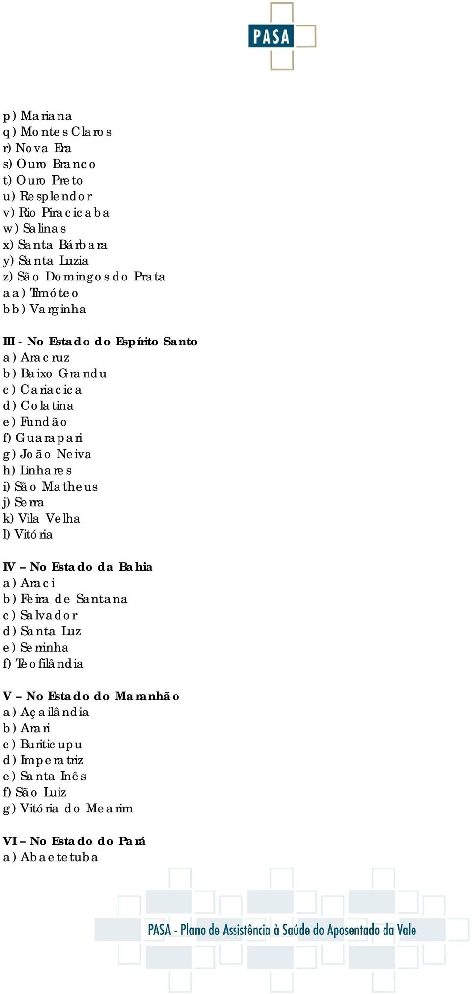 Linhares i) São Matheus j) Serra k) Vila Velha l) Vitória IV No Estado da Bahia a) Araci b) Feira de Santana c) Salvador d) Santa Luz e) Serrinha f)