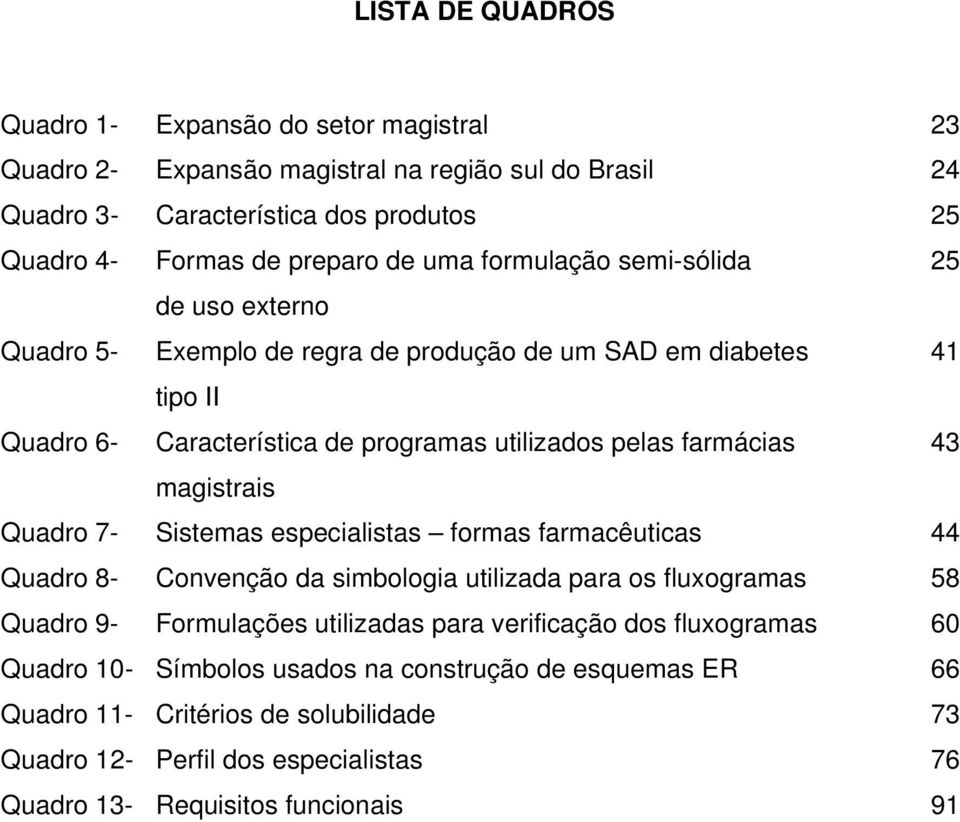 magistrais Quadro 7- Sistemas especialistas formas farmacêuticas 44 Quadro 8- Convenção da simbologia utilizada para os fluxogramas 58 Quadro 9- Formulações utilizadas para verificação