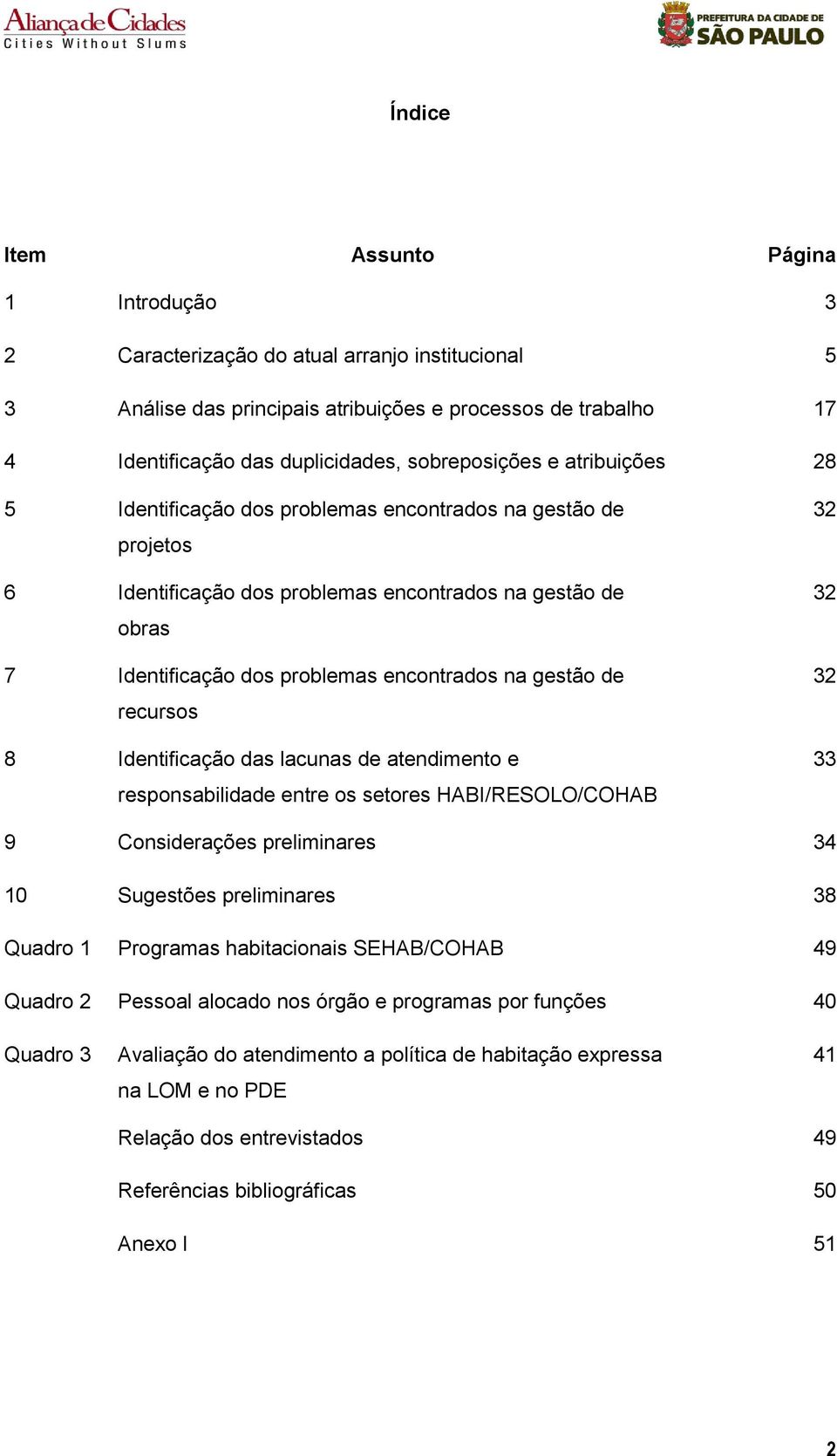 na gestão de recursos 8 Identificação das lacunas de atendimento e responsabilidade entre os setores HABI/RESOLO/COHAB 32 32 32 33 9 Considerações preliminares 34 10 Sugestões preliminares 38 Quadro