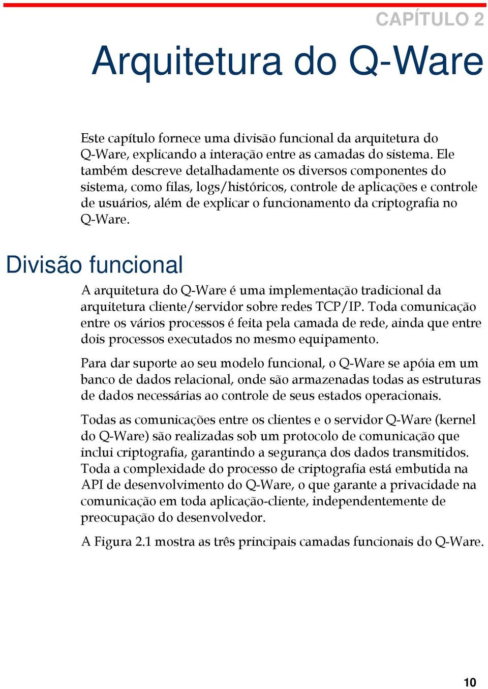 Q-Ware. Divisão funcional A arquitetura do Q-Ware é uma implementação tradicional da arquitetura cliente/servidor sobre redes TCP/IP.