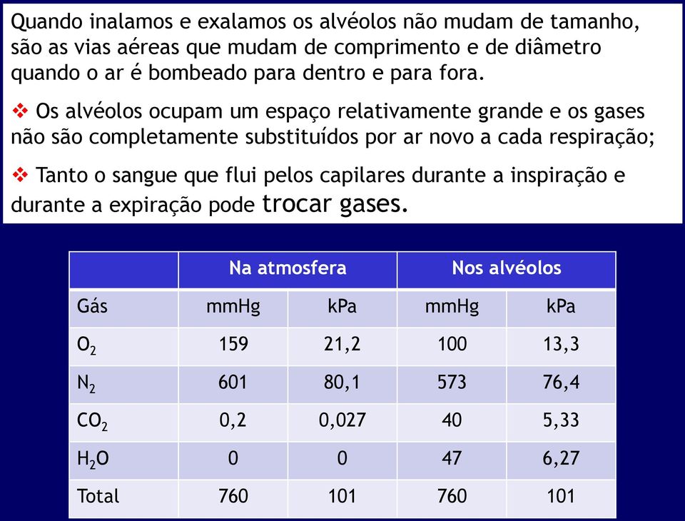 Os alvéolos ocupam um espaço relativamente grande e os gases não são completamente substituídos por ar novo a cada respiração; Tanto o