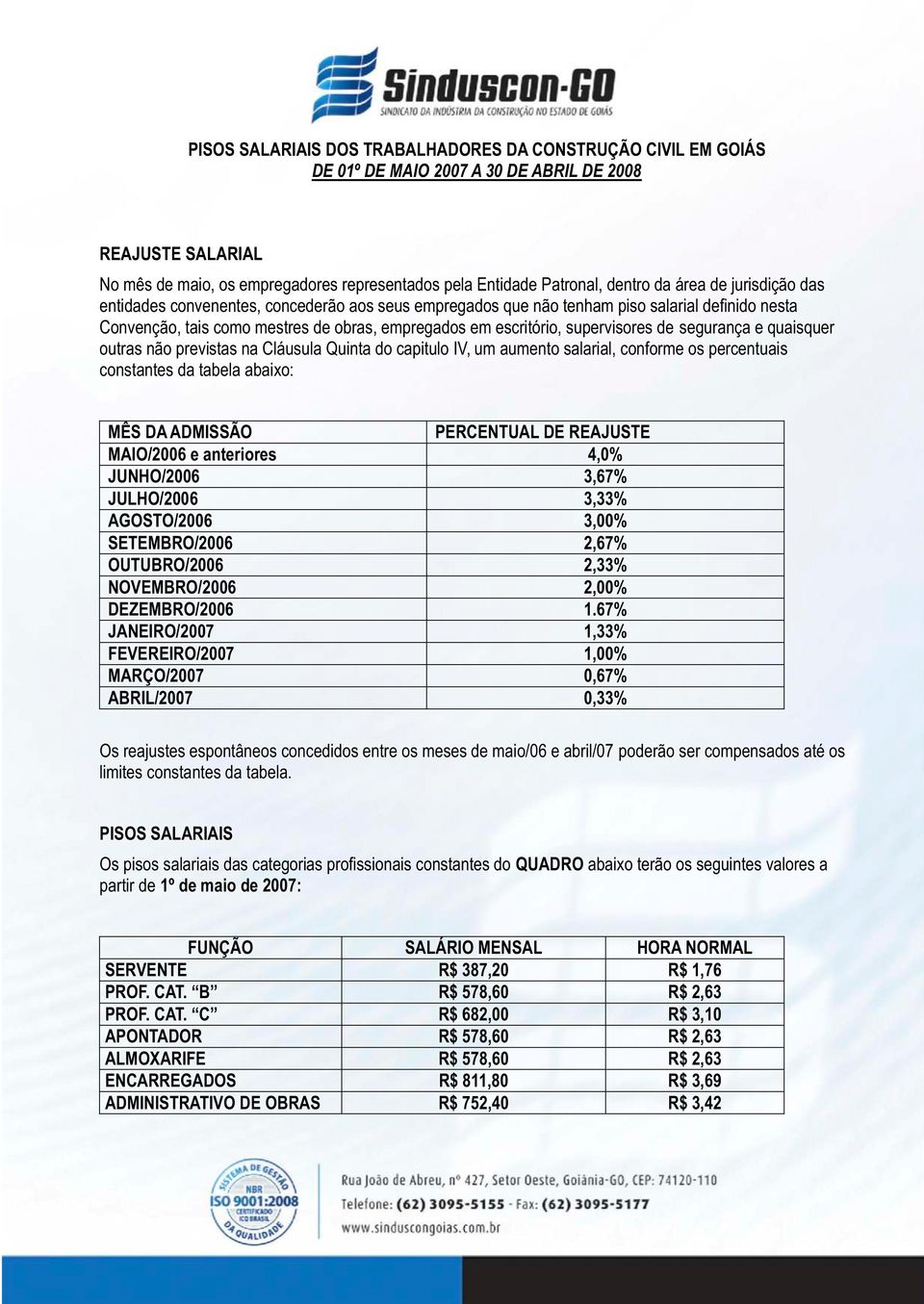 IV, um aumento salarial, conforme os percentuais constantes da tabela abaixo: MAIO/2006 e anteriores 4,0% JUNHO/2006 3,67% JULHO/2006 3,33% AGOSTO/2006 3,00% SETEMBRO/2006 2,67% OUTUBRO/2006 2,33%