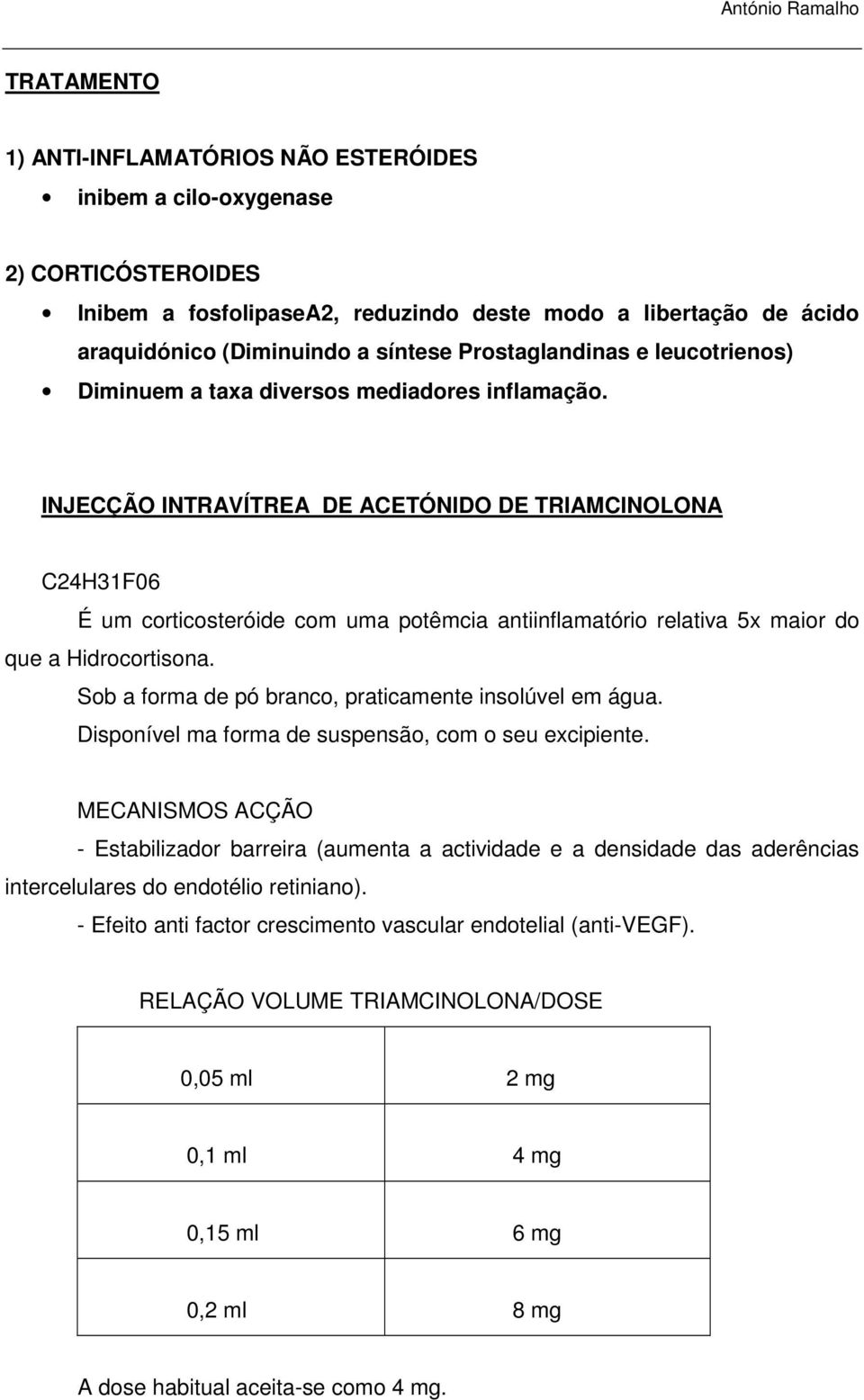 INJECÇÃO INTRAVÍTREA DE ACETÓNIDO DE TRIAMCINOLONA C24H31F06 É um corticosteróide com uma potêmcia antiinflamatório relativa 5x maior do que a Hidrocortisona.