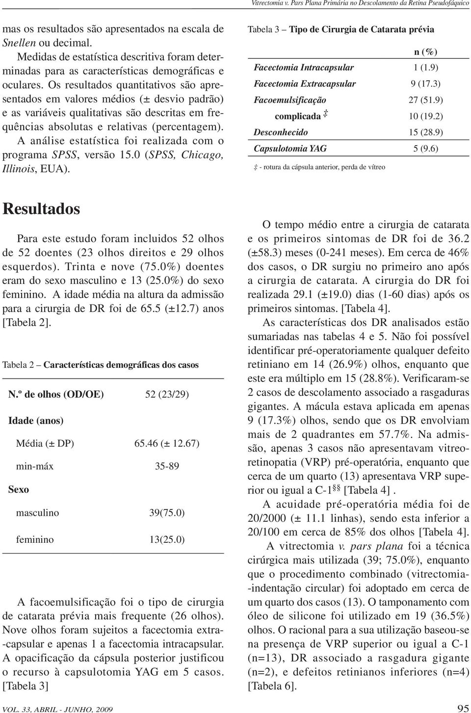 Os resultados quantitativos são apresentados em valores médios (± desvio padrão) e as variáveis qualitativas são descritas em frequências absolutas e relativas (percentagem).