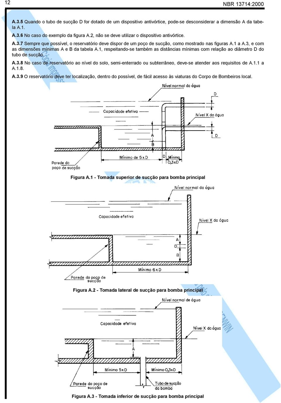 3, e com as dimensões mínimas A e B da tabela A.1, respeitando-se também as distâncias mínimas com relação ao diâmetro D do tubo de sucção. A.3.8 No caso de reservatório ao nível do solo, semi-enterrado ou subterrâneo, deve-se atender aos requisitos de A.