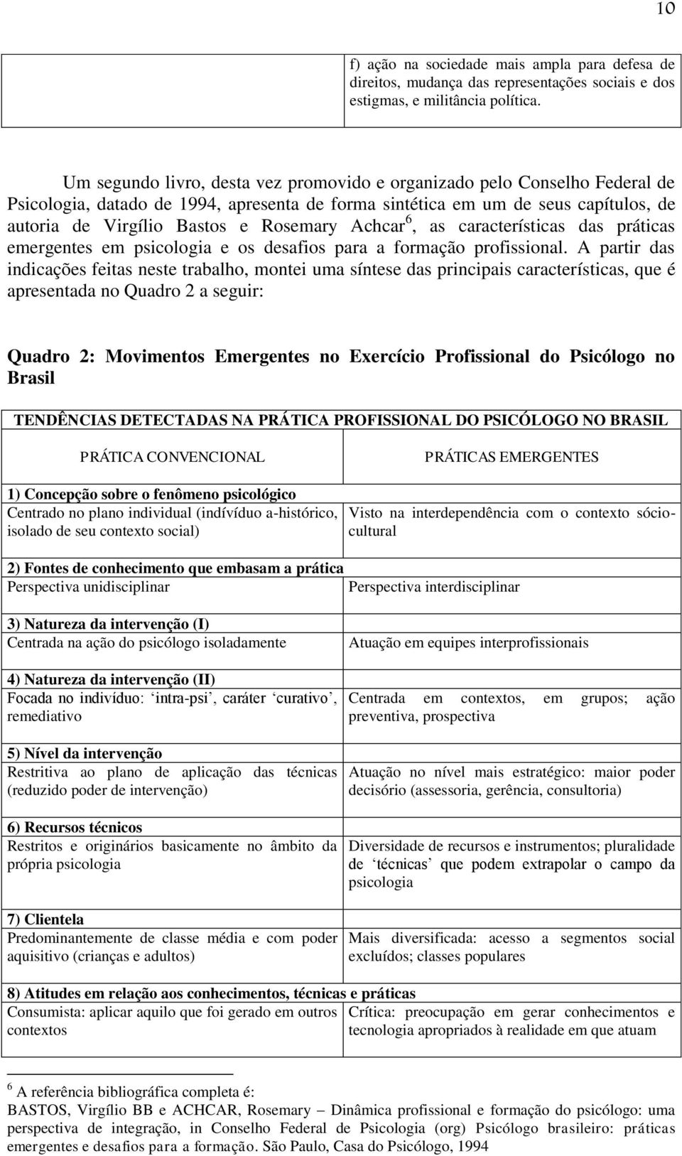 Achcar 6, as características das práticas emergentes em psicologia e os desafios para a formação profissional.