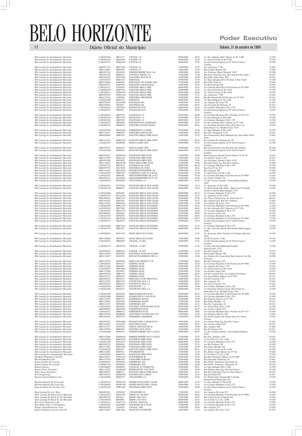 0 05/09/2009 17:07 Av. Do Contorno Oposto Ao Nº 10.812 Centro / 74.550 Bfb Leasing Sa Arrendamento Mercantil AB01077170 HKT7669 VW/FOX 1.0 17/09/2009 17:27 Ave Amazonas 7.700 73.