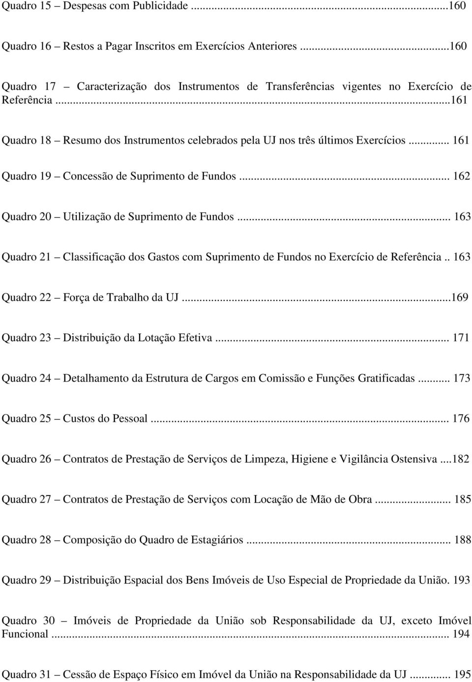 .. 161 Quadro 19 Concessão de Suprimento de Fundos... 162 Quadro 20 Utilização de Suprimento de Fundos... 163 Quadro 21 Classificação dos Gastos com Suprimento de Fundos no Exercício de Referência.