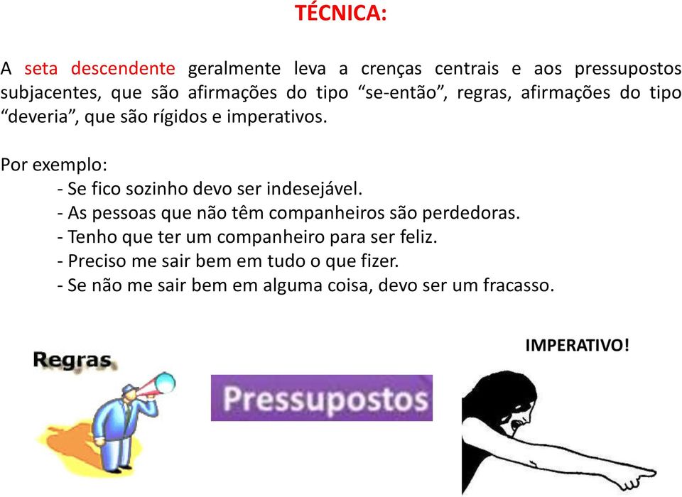 imperativos. Por exemplo: - Se fico sozinho devo ser indesejável. - As pessoas que não têm companheiros são perdedoras.