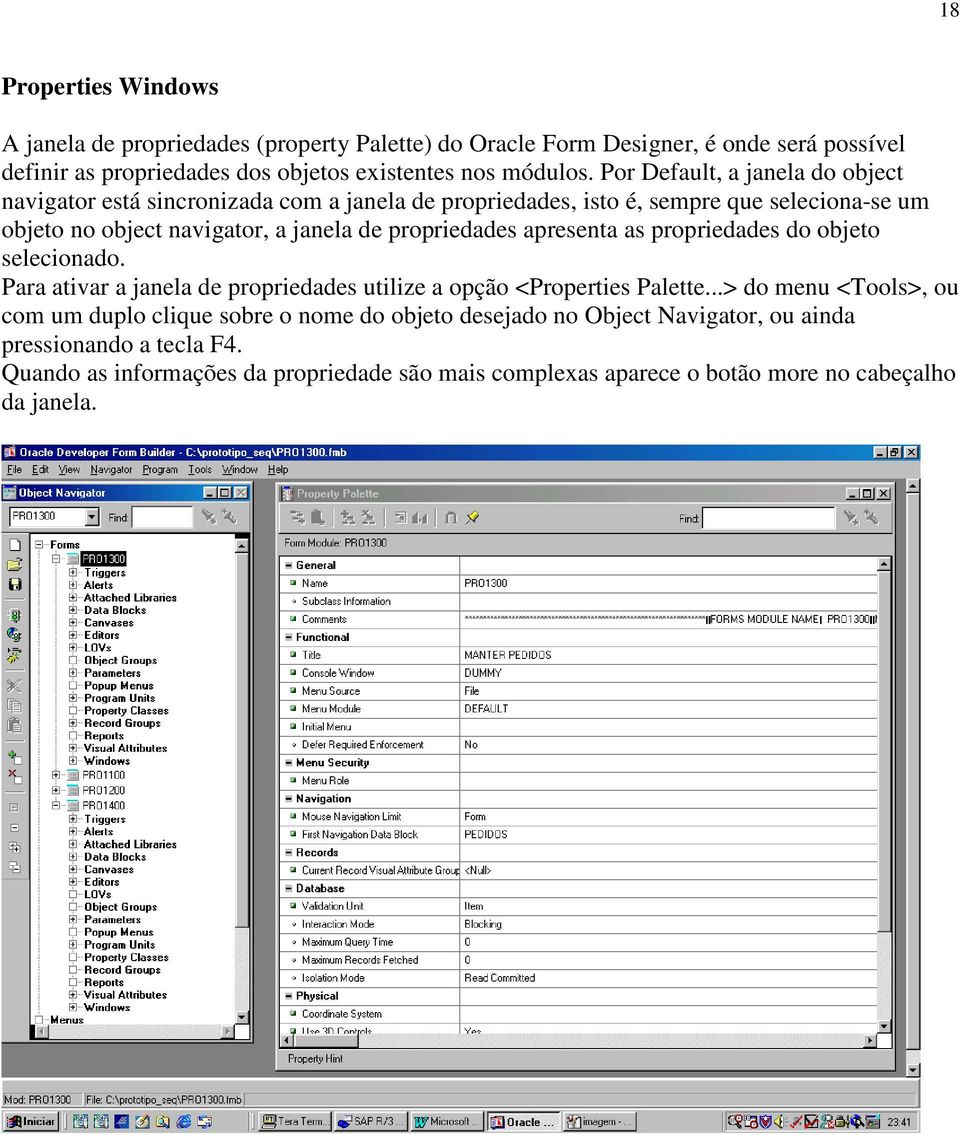 propriedades apresenta as propriedades do objeto selecionado. Para ativar a janela de propriedades utilize a opção <Properties Palette.