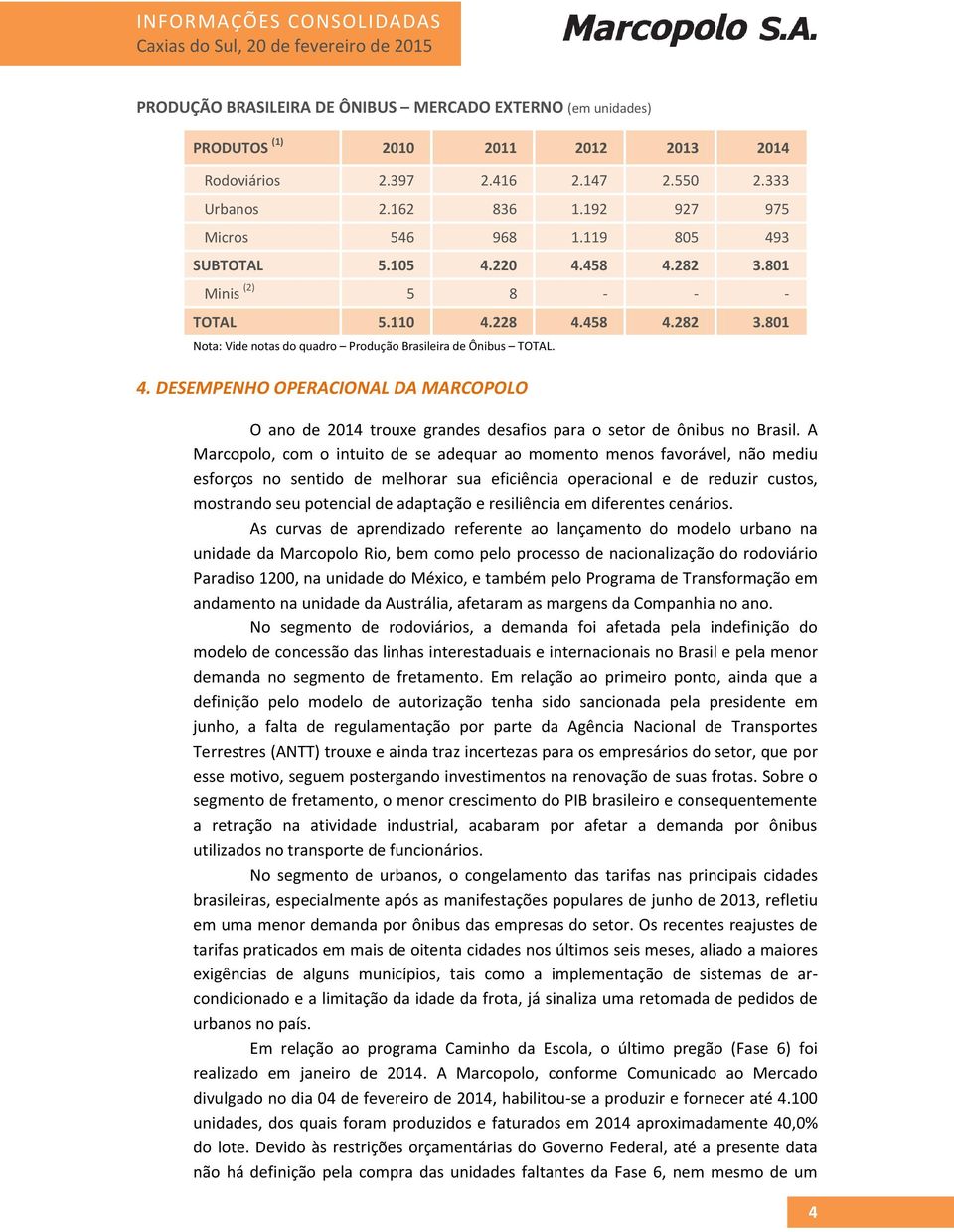 4. DESEMPENHO OPERACIONAL DA MARCOPOLO O ano de 2014 trouxe grandes desafios para o setor de ônibus no Brasil.