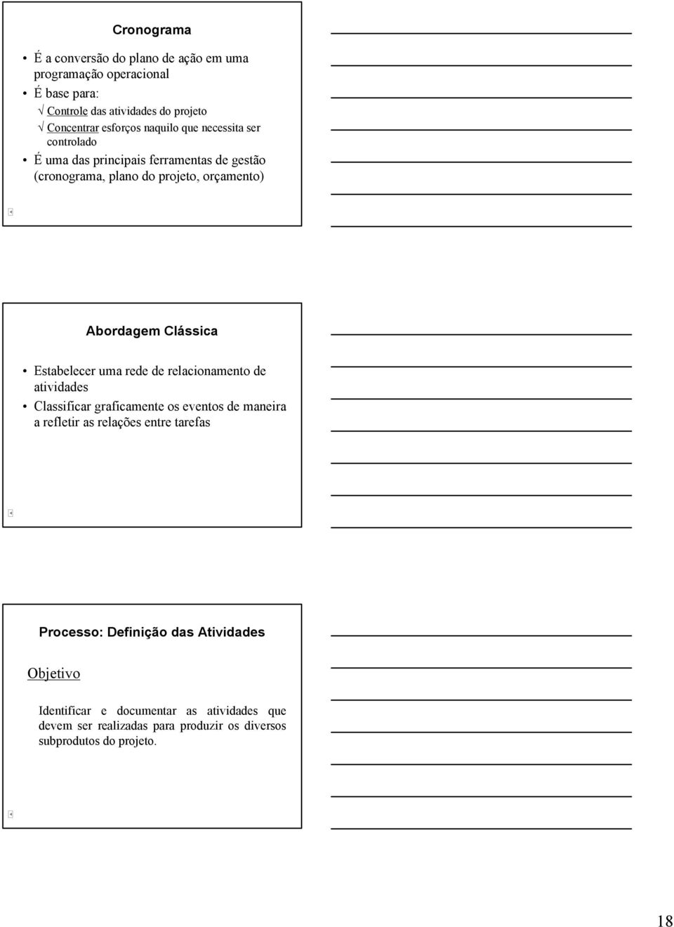 Estabelecer uma rede de relacionamento de atividades Classificar graficamente os eventos de maneira a refletir as relações entre tarefas