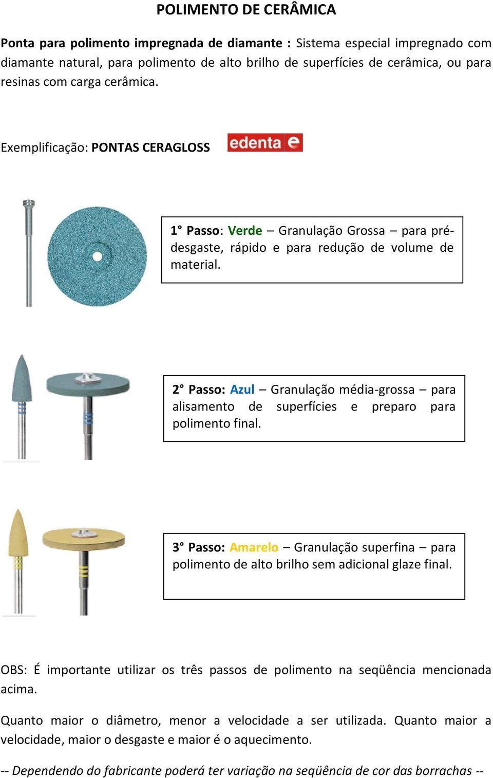 2 Passo: Azul Granulação média-grossa para alisamento de superfícies e preparo para polimento final. 3 Passo: Amarelo Granulação superfina para polimento de alto brilho sem adicional glaze final.