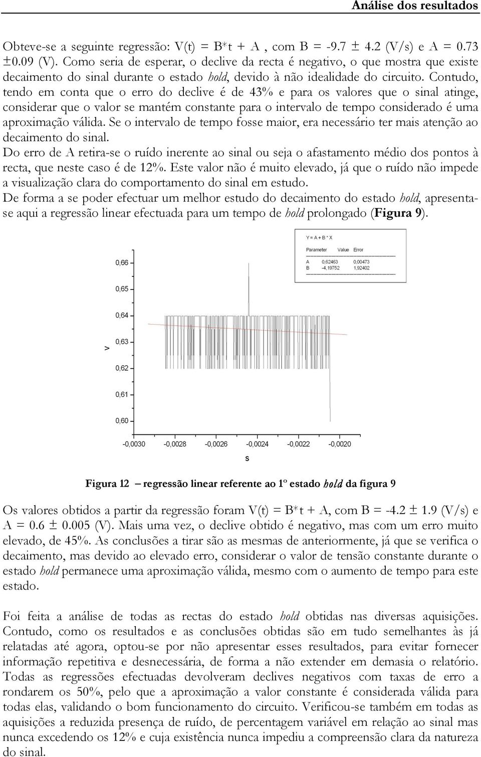 Contudo, tendo em conta que o erro do declive é de 43% e para os valores que o sinal atinge, considerar que o valor se mantém constante para o intervalo de tempo considerado é uma aproximação válida.