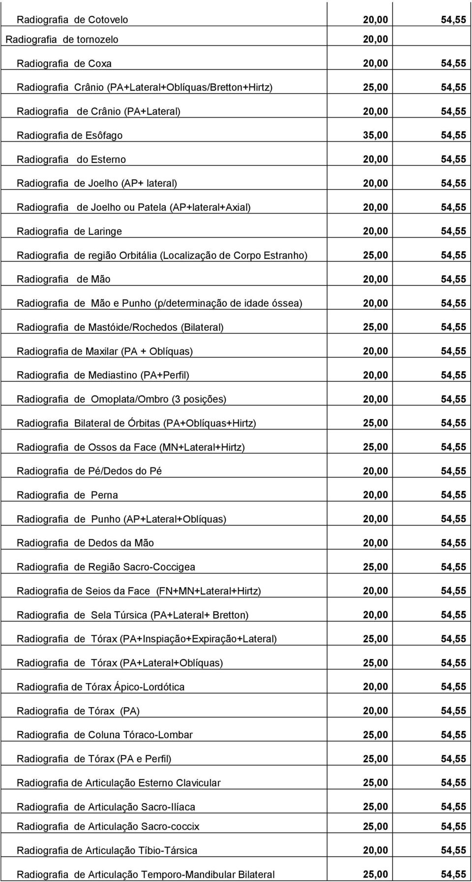 54,55 Radiografia de Laringe 20,00 54,55 Radiografia de região Orbitália (Localização de Corpo Estranho) 25,00 54,55 Radiografia de Mão 20,00 54,55 Radiografia de Mão e Punho (p/determinação de idade