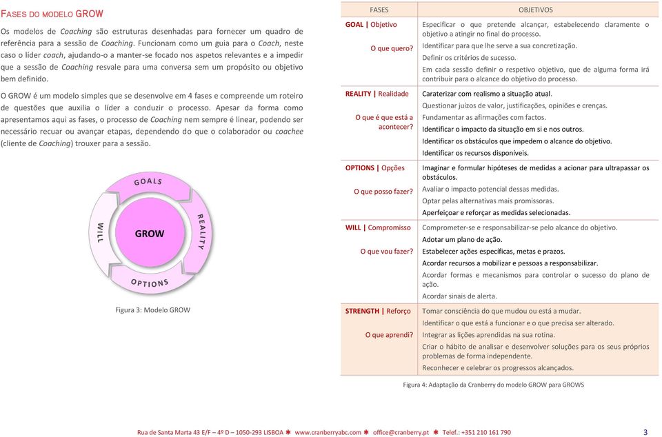 objetivo bem definido. O GROW é um modelo simples que se desenvolve em 4 fases e compreende um roteiro de questões que auxilia o líder a conduzir o processo.