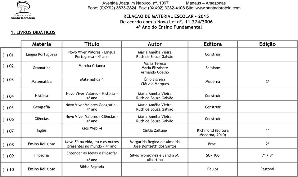 274/2006 4º Ano do Ensino Fundamental Matéria Título Autor Editora Edição ( ) 01 Língua Portuguesa Língua Portuguesa 4º ano ( ) 02 Gramática Marcha Criança Maria Teresa Maria Elizabete Armando Coelho