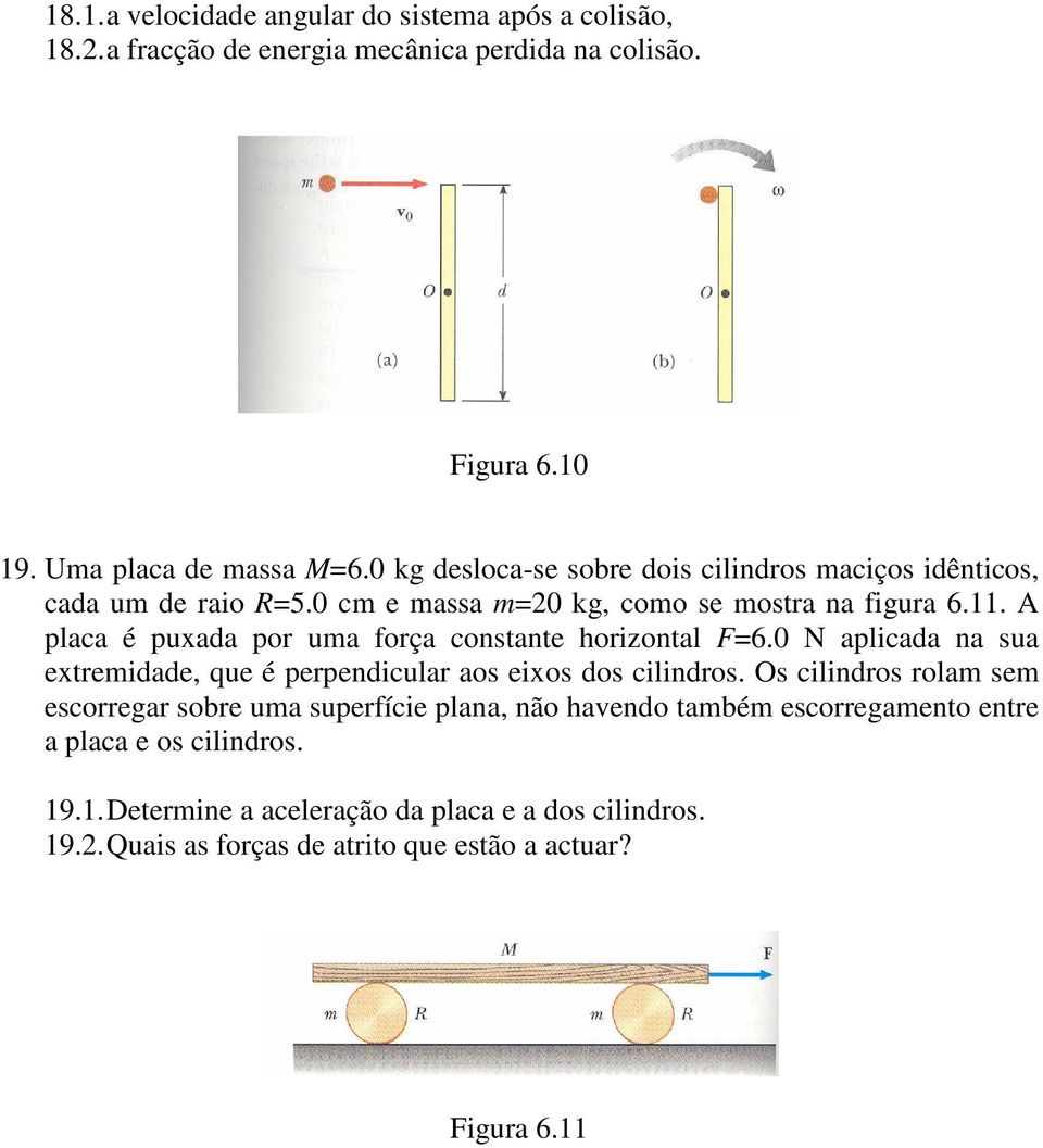 A placa é puxada por uma força constante horizontal F=6.0 N aplicada na sua extremidade, que é perpendicular aos eixos dos cilindros.