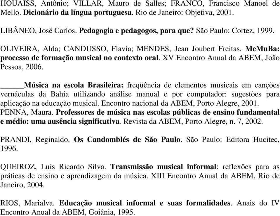 Música na escola Brasileira: freqüência de elementos musicais em canções vernáculas da Bahia utilizando análise manual e por computador: sugestões para aplicação na educação musical.