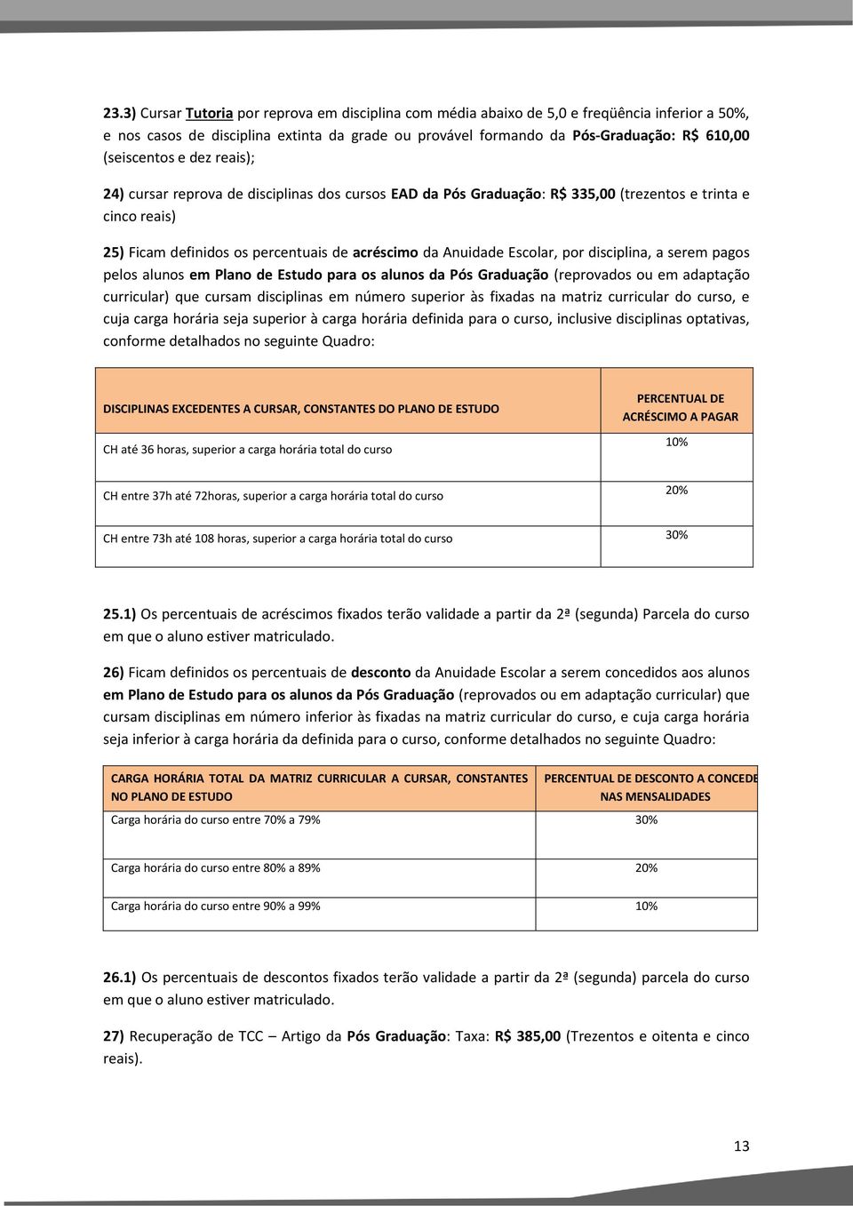 Escolar, por disciplina, a serem pagos pelos alunos em Plano de Estudo para os alunos da Pós Graduação (reprovados ou em adaptação curricular) que cursam disciplinas em número superior às fixadas na