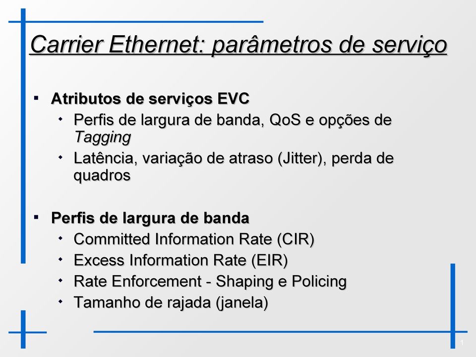 perda de quadros Perfis de largura de banda Committed Information Rate (CIR)