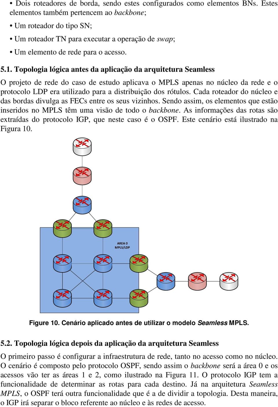 Topologia lógica antes da aplicação da arquitetura Seamless O projeto de rede do caso de estudo aplicava o MPLS apenas no núcleo da rede e o protocolo LDP era utilizado para a distribuição dos