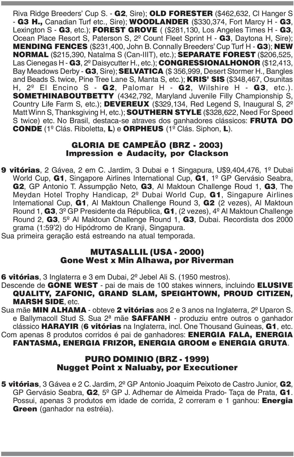 Connally Breeders Cup Turf H - G3); NEW NORMAL ($215,390, Natalma S (Can-IIIT), etc.); SEPARATE FOREST ($206,525, Las Cienegas H - G3, 2º Daisycutter H., etc.); CONGRESSIONALHONOR ($12,413, Bay Meadows Derby - G3, Sire); SELVATICA ($ 356,999, Desert Stormer H.