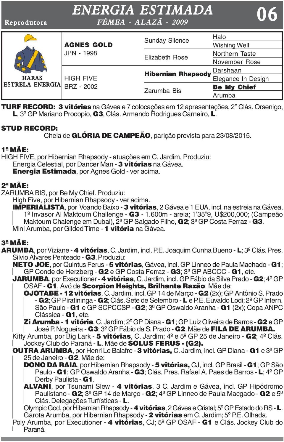 Armando Rodrigues Carneiro, L. STUD RECORD: Cheia de GLÓRIA DE CAMPEÃO, parição prevista para 23/08/2015. HIGH FIVE, por Hibernian Rhapsody - atuações em C. Jardim.