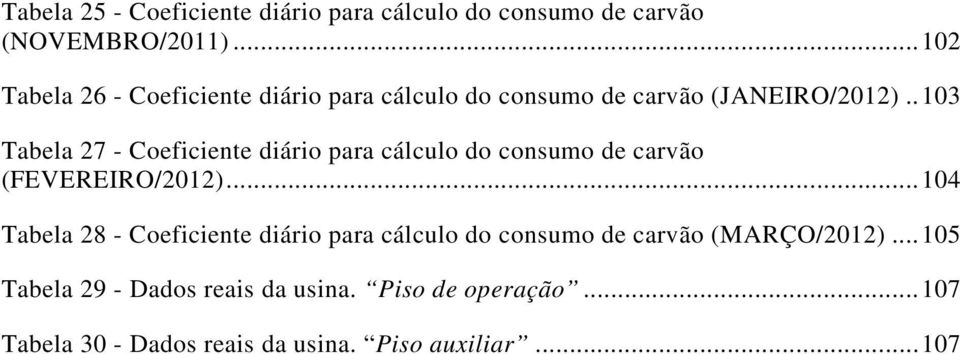 . 103 Tabela 27 - Coeficiente diário para cálculo do consumo de carvão (FEVEREIRO/2012).