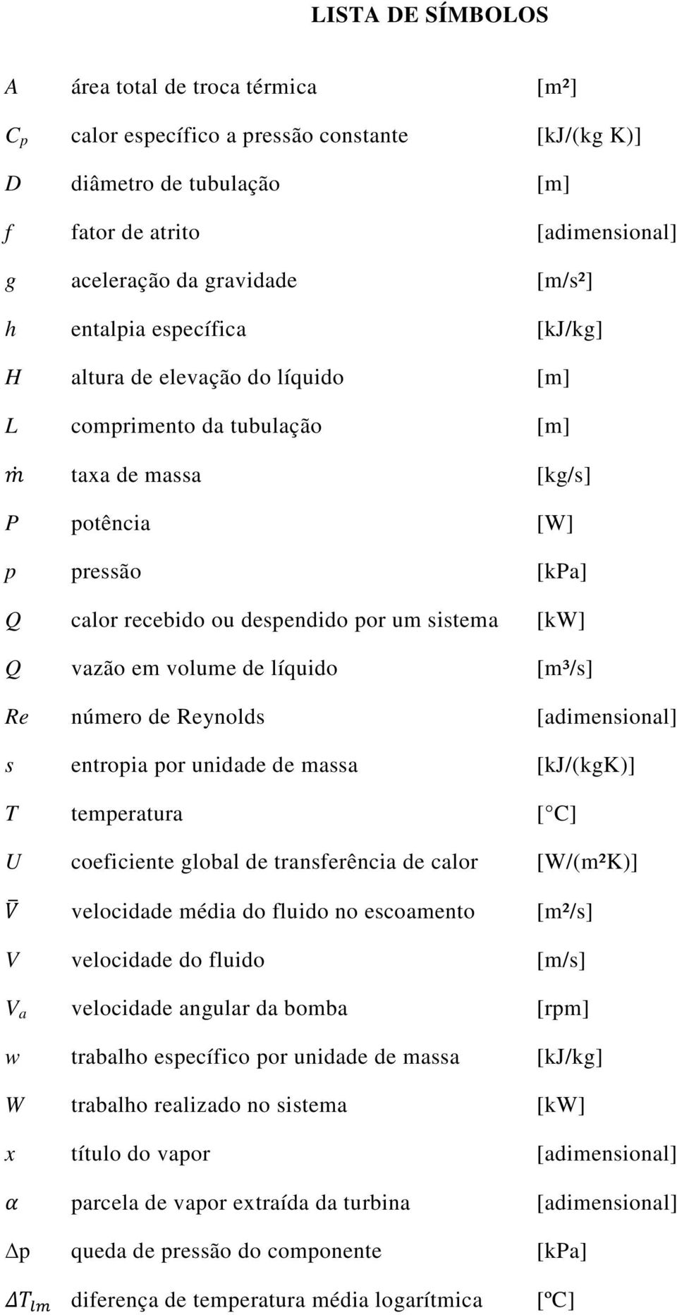 sistema [kw] Q vazão em volume de líquido [m³/s] Re número de Reynolds [adimensional] s entropia por unidade de massa [kj/(kgk)] T temperatura [ C] U coeficiente global de transferência de calor