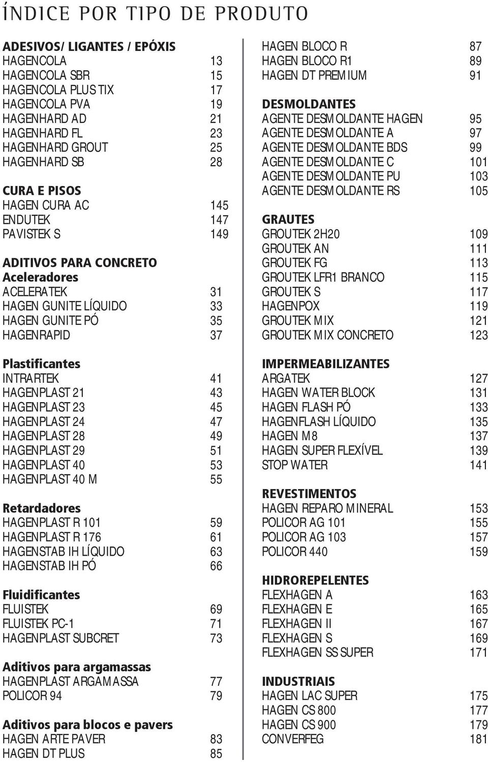 43 HAGENPLAST 23 45 HAGENPLAST 24 47 HAGENPLAST 28 49 HAGENPLAST 29 51 HAGENPLAST 40 53 HAGENPLAST 40 M 55 Retardadores HAGENPLAST R 101 59 HAGENPLAST R 176 61 HAGENSTAB IH LÍQUIDO 63 HAGENSTAB IH PÓ