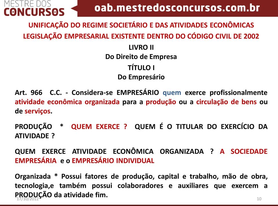 PRODUÇÃO * QUEM EXERCE? QUEM É O TITULAR DO EXERCÍCIO DA ATIVIDADE? QUEM EXERCE ATIVIDADE ECONÔMICA ORGANIZADA?