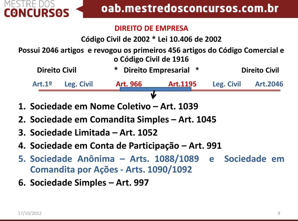 Empresarial * Direito Civil Art.1º Leg. Civil Art. 966 Art.1195 Leg. Civil Art.2046 1. Sociedade em Nome Coletivo Art. 1039 2.