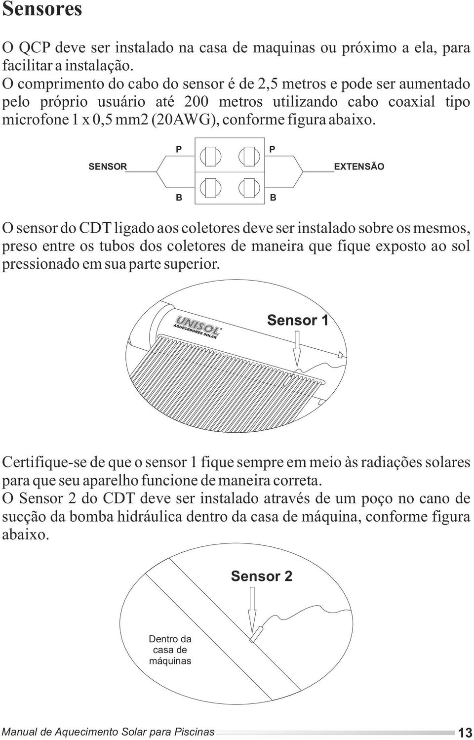 SENSOR P P EXTENSÃO B B O sensor do CDT ligado aos coletores deve ser instalado sobre os mesmos, preso entre os tubos dos coletores de maneira que fique exposto ao sol pressionado em sua parte
