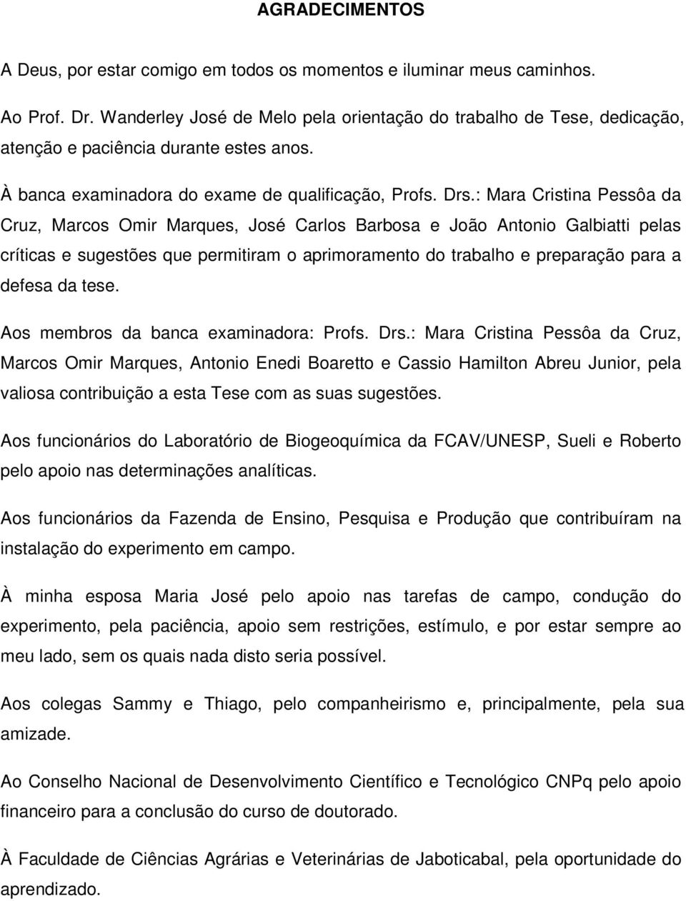 : Mara Cristina Pessôa da Cruz, Marcos Omir Marques, José Carlos Barbosa e João Antonio Galbiatti pelas críticas e sugestões que permitiram o aprimoramento do trabalho e preparação para a defesa da