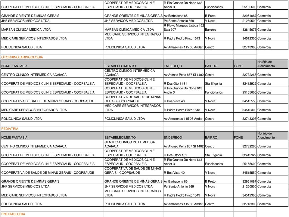 GERAIS - COOPSAUDE LTDA PEDIATRIA ACAIACA R Dos Otoni 131 Sta Efigenia 32412922 Comercial GERAIS - COOPSAUDE