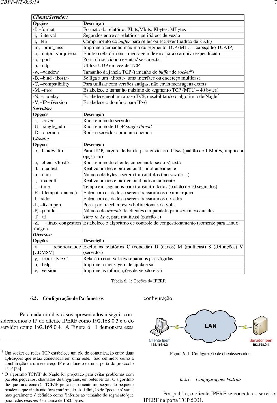 -p, port Porta do servidor a escutar/ se conectar -u, udp Utiliza UDP em vez de TCP -w, window Tamanho da janela TCP (tamanho do buffer de socket 6 ) -B, bind <host> Se liga a um <host>, uma