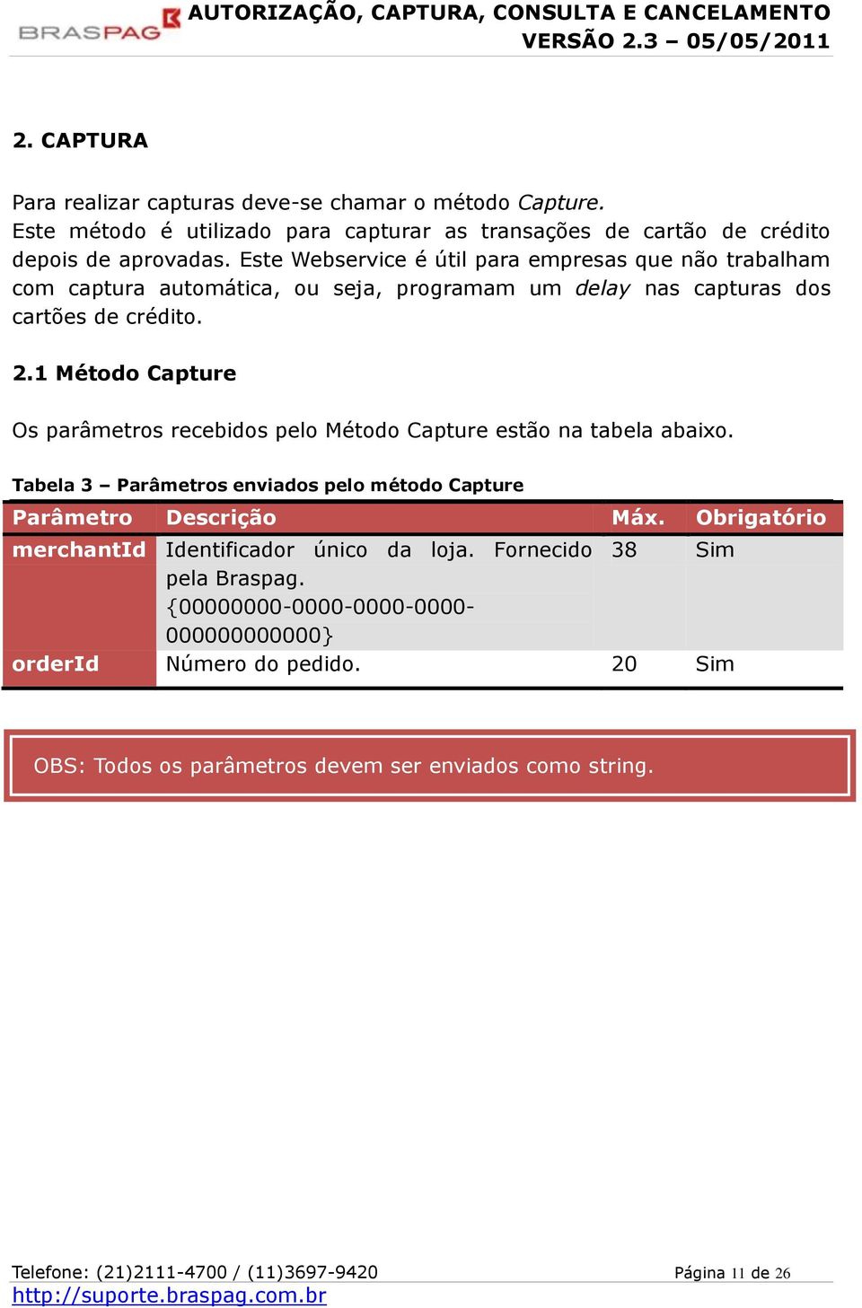 1 Método Capture Os parâmetros recebidos pelo Método Capture estão na tabela abaixo. Tabela 3 Parâmetros enviados pelo método Capture Parâmetro Descrição Máx.