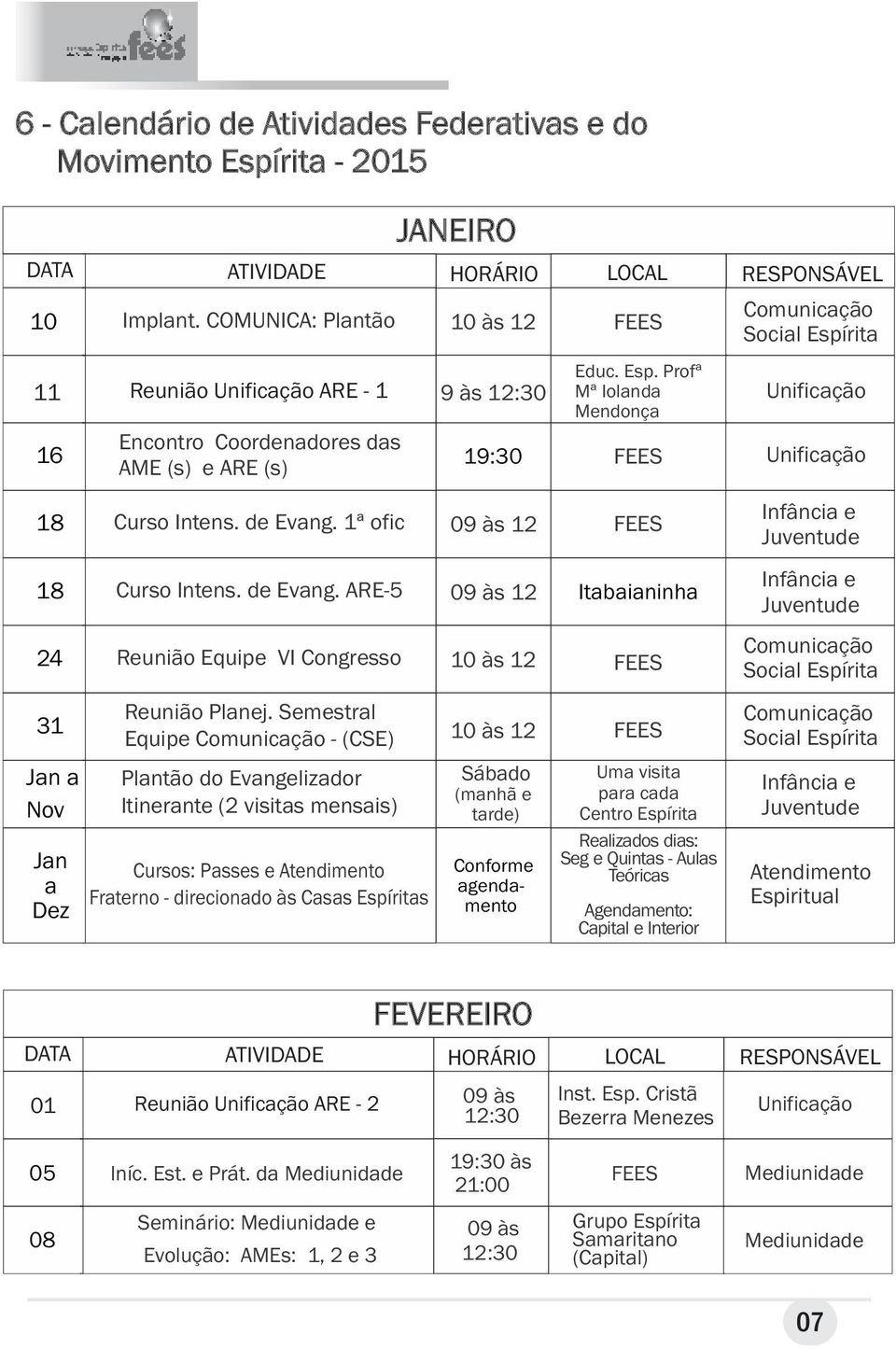 de Evang. 1ª ofic 09 às 12 Infância e Juventude 18 Curso Intens. de Evang.