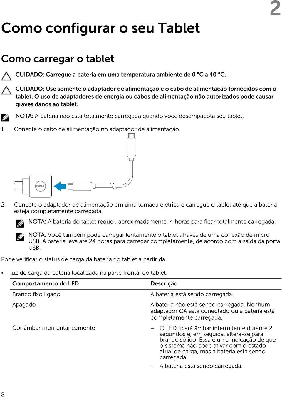 O uso de adaptadores de energia ou cabos de alimentação não autorizados pode causar graves danos ao tablet. NOTA: A bateria não está totalmente carregada quando você desempacota seu tablet. 1.