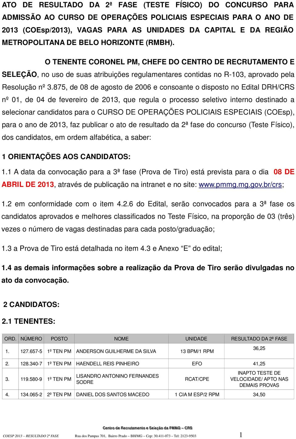 875, de 08 de agosto de 2006 e consoante o disposto no Edital DRH/CRS nº 01, de 04 de fevereiro de 2013, que regula o processo seletivo interno destinado a selecionar candidatos para o CURSO DE